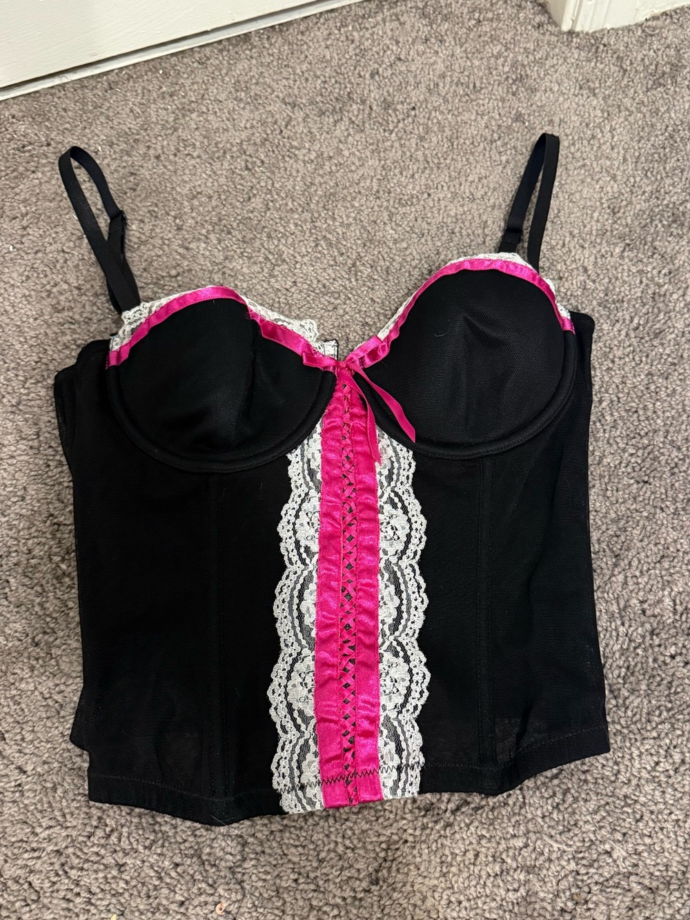 Y2K Charlotte Russe Black Bustier with Hot Pink and White Lace Trim